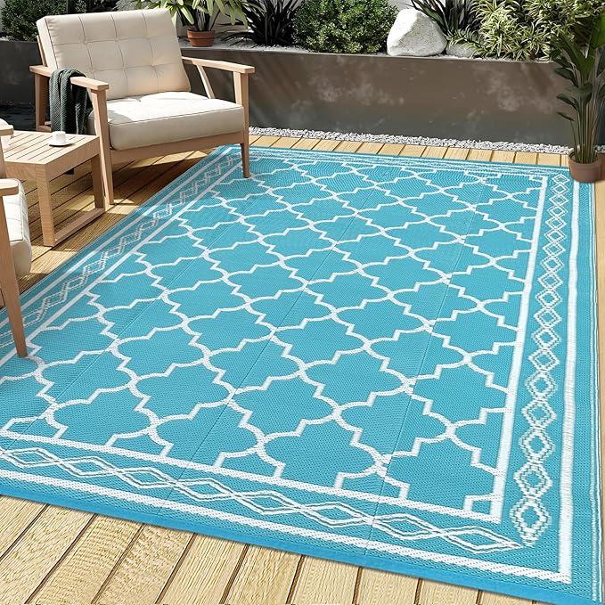 GAOMON Outdoor Plastic Straw Rug, 10'x14' Reversible Sage Green Patio Mat, Flower Modern Design for RV, Backyard, Deck, Camping, Picnic, Teal/White(Geometric)