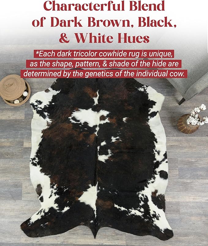 Natural Cowhide Rug for Home & Office Premium Dark Tricolor Cowhide Rug with Unique Dark Brown, Black & White Patterns- Cow Hide Rugs Made with Tanned Leather - Cow Hide Rugs 6x7-8 ft