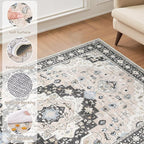 Washable Area Rugs for Living Room - 9x12 Neutral Vintage Distressed Floral Farmhouse Boho Large Soft Floor Rug Indoor Non Slip Carpet for Bedroom Dining Room Office - Pink/Dark Green