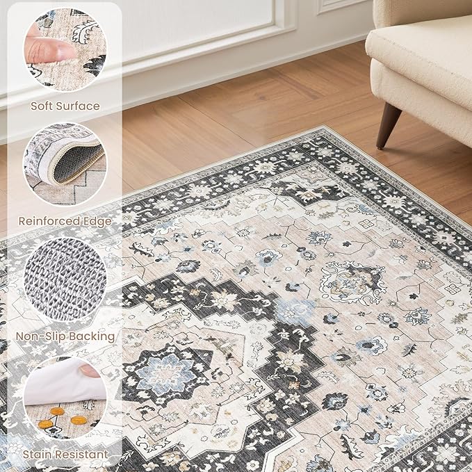 Washable Area Rugs for Living Room - 9x12 Neutral Vintage Distressed Floral Farmhouse Boho Large Soft Floor Rug Indoor Non Slip Carpet for Bedroom Dining Room Office - Pink/Dark Green