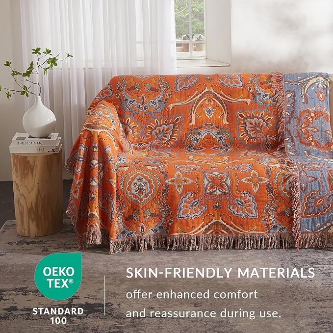 Boho Throw Blanket for Couch Sofa Bed, 100% Cotton Woven Quilt with Tassel 80”x90”, Super Soft Muslin Blanket with Oriental Universe Printed, Decorative Reversible Bed Blanket/Cover for All Seasons