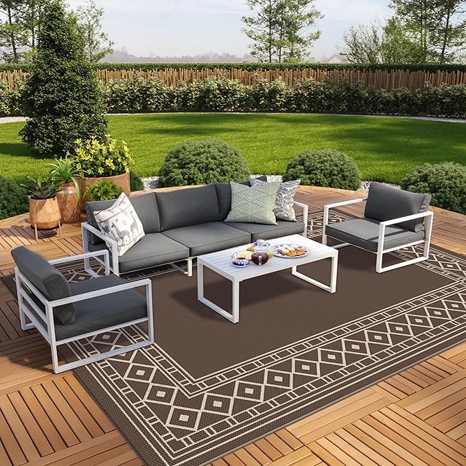 GENIMO Outdoor Rug Waterproof for Patio, 10'x14' Foldable Reversible Plastic Straw Carpet for Travel Trailers, Outside Area Mat for Rv, Deck, Picnic, Porch, Camper, Balcony, Beach, Coffee & Beige
