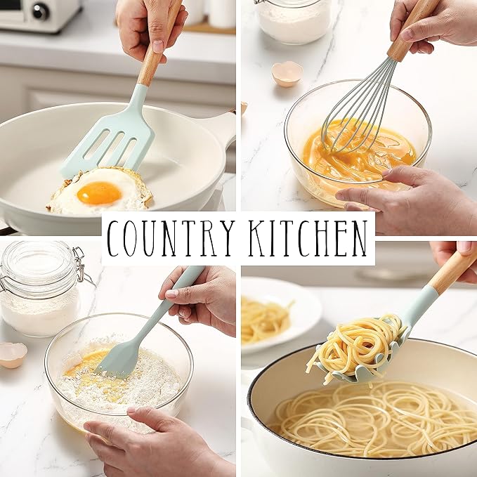 Country Kitchen Non Stick Silicone Utensil Set with Rounded Wood Handles for Cooking and Baking, 38 Piece Set, Mint