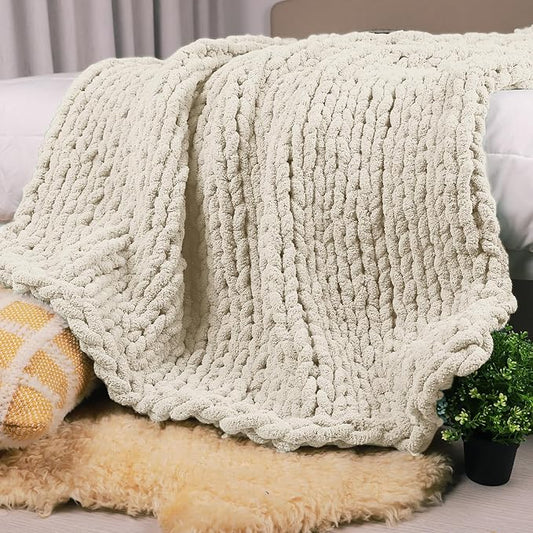 Carriediosa Chunky Knit Throw Blanket 50" X 60", 100% Hand Made Large Chenille Loop Yarn Soft Fluffy Throws for Couch Sofa Bed, Big Crochet Cozy Heavy Thick Cable Woven Blanket, Light Beige