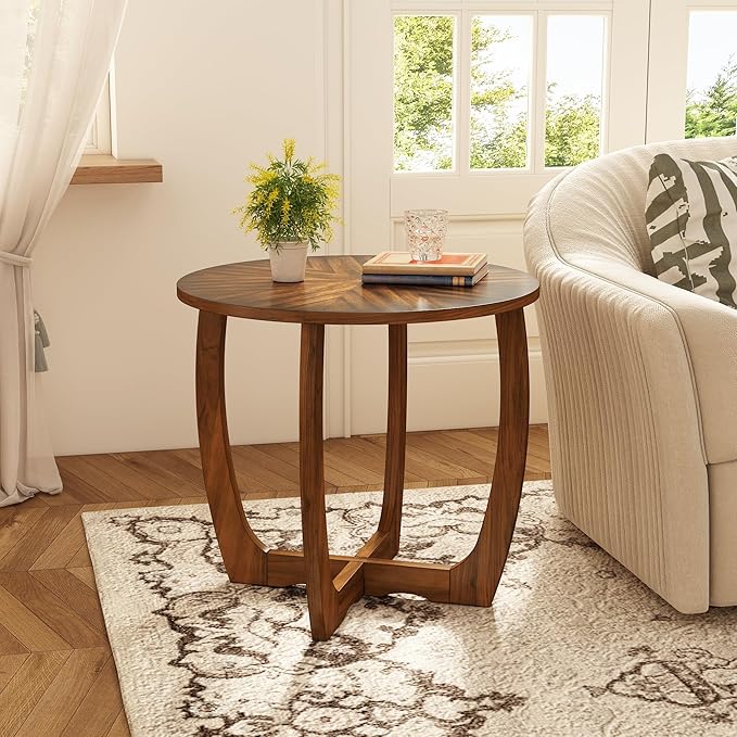 PADMA HOUSE Round Wood End Table with Curved Legs - Brown Walnut