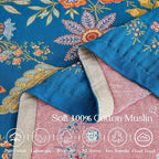 Fall Throw Blanket for Couch, Blue Boho Decorative Throw Blanket, 100% Cotton Muslin Breathable Woven Farmhouse Blankets Quilt, 50"x60" Reversible Lightweight Blankets Bohemian Throw Quilt