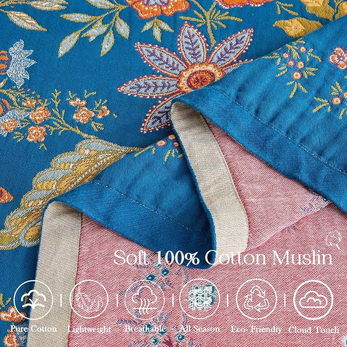 Fall Throw Blanket for Couch, Blue Boho Decorative Throw Blanket, 100% Cotton Muslin Breathable Woven Farmhouse Blankets Quilt, 80"x90" Reversible Lightweight Blankets Bohemian Throw Quilt