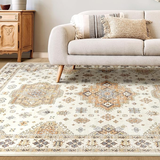 Washable Area Rugs for Living Room - 7x9 Neutral Vintage Distressed Floral Farmhouse Boho Large Soft Floor Rug Indoor Non Slip Carpet for Living Room Bedroom Dining Room Office - Orange/Yellow/Beige