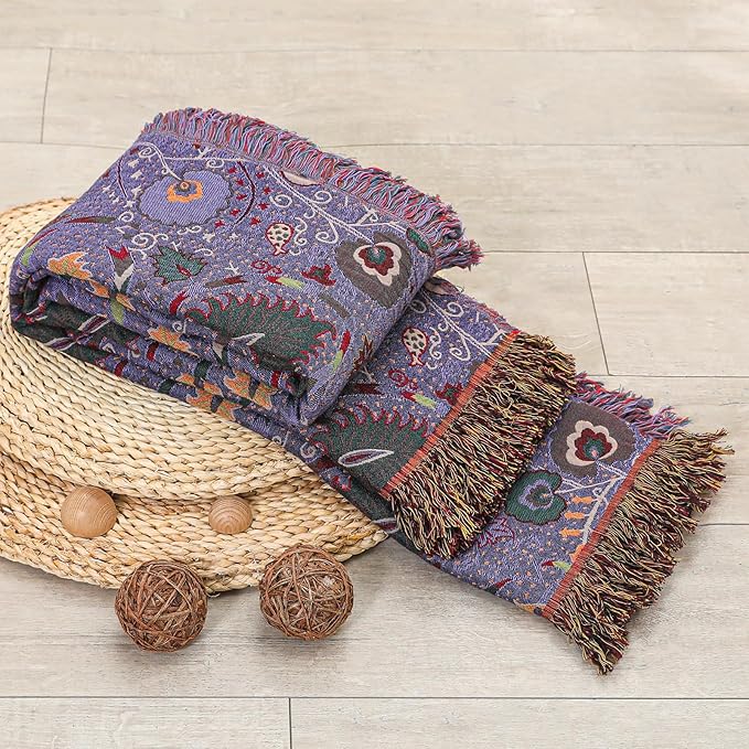 Boho Fall Throw Blanket for Bed Purple Flowers，100% Ultra Cotton Soft Breathable Bed Throw Floral Printed Farmhouse Decor Rustic Bed Throws for Couch Sofa Quilt 90" x 98"