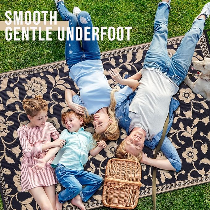 OLANLY Waterproof Outdoor Rug 6x9 ft, Outdoor Plastic Straw Rug with Flower Pattern, Reversible RV Mat for Patio, Camping, Balcony, Deck, Backyard, Black & Beige