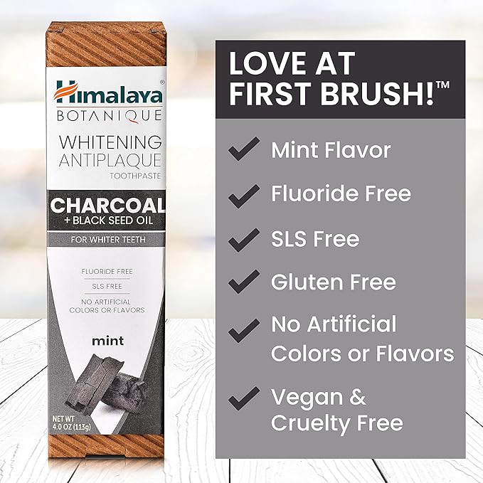 Himalaya Botanique Whitening Antiplaque Toothpaste with Charcoal and Black Seed Oil for Whiter Teeth, 4 oz…