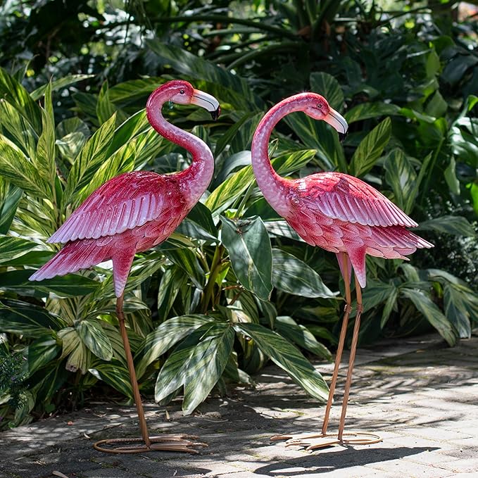 Kircust Flamingo Garden Sculpture & Statues, Metal Birds Yard Art Outdoor Statue, Large Pink Flamingo Lawn Ornaments for Home, Patio, Backyard Decor (2-Pack)