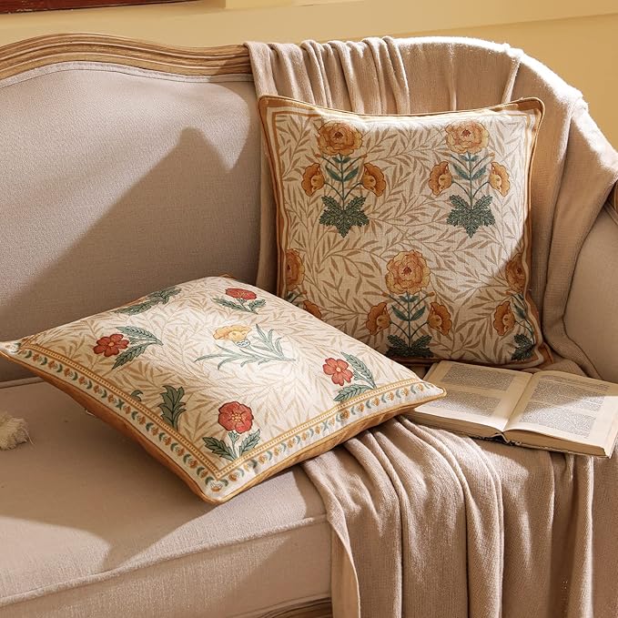 patdrea Designer Pack of 4 Throw Pillow Covers,Beige Vintage French Soft Linen Pillows Cover with Daisy Floral Pattern,Vintage Square Farmhouse Decorative Pillowcase for Couch,Bed,Living Room