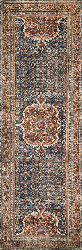 Loloi Layla Collection LAY-09 Cobalt Blue/Spice 2'-6" x 12'-0" .13" Thick Runner Rug, Soft, Durable, Vintage Inspired, Distressed, Low Pile, Non-Shedding, Easy Clean, Printed, Living Room Rug