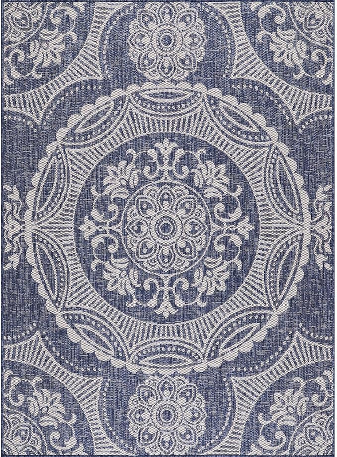 Medallion Outdoor Rug 5x7 Washable Outside Carpet for Indoor Patio Porch Waterproof Easy Cleaning Non Shedding Area Rugs Blue 5 x 7