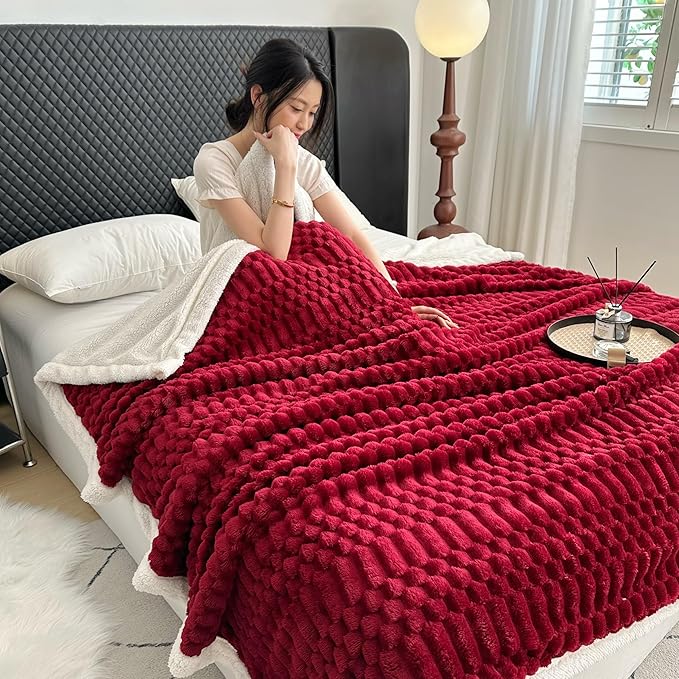 UKELER Sherpa Throw Blanket 60 × 80 inch, 470 GSM Striped Sherpa Fleece Blanket for All Season, Warm and Cozy Blankets for Couch Sofa Bed Office Camping, Red