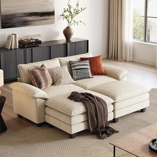 LINSY HOME Sectional Sleeper Sofa - 90'' Modular Cloud Couch Oversized Corduroy Sofa Bed with Movable Ottoman Soft Modern Comfy Couch Set for Living Room Apartment Office, Beige