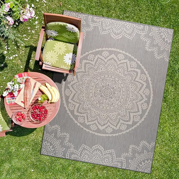 CAMILSON Outdoor Rug 10x14 Modern Area Rugs for Large Indoor and Outdoor Patios and Porches - Waterproof Washable Non-Shedding Easy-to-Clean Outside Carpet (10 x 14, Medallion - Grey/White)