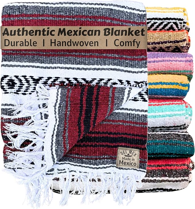 Del Mex Classic Mexican Blanket, Large Authentic Woven Falsa Throw (70"x50"), Artisan Southwest Décor for Beach, Yoga, Outdoors (Burgundy)