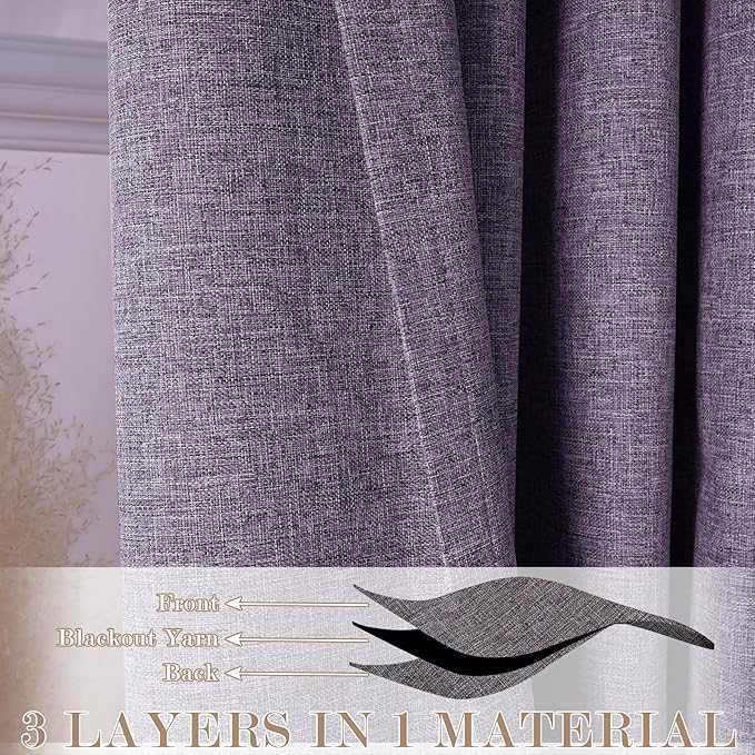 Violet Pinch Pleat 100% Blackout Drapes Linen Blend, Room Divider, Room Darkening, Energy Saving, Furniture Protecting, Light Blocking Extra Wide Privacy Curtains, 200Wx102L, 1 PC