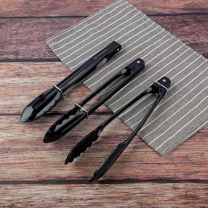 MSY BIGSUNNY 9 Inch Kitchen Food Tongs, Buffet Tongs, Serving Tongs, Black Aluminum Tongs - Set of 3