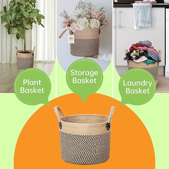 Jute Rope Basket - 10"x10" Woven Plant Pot Holder with Handles, Boho Indoor/Outdoor Planter Cover, Multifunctional Storage