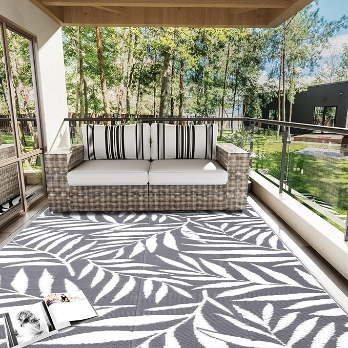 OLANLY Waterproof Outdoor Rug 8x10 ft, Reversible Outdoor Plastic Straw Rug with Leaf Pattern, RV Mat, Indoor Outdoor Carpet for Patio, Camping, Balcony, Deck, Backyard, Grey & White