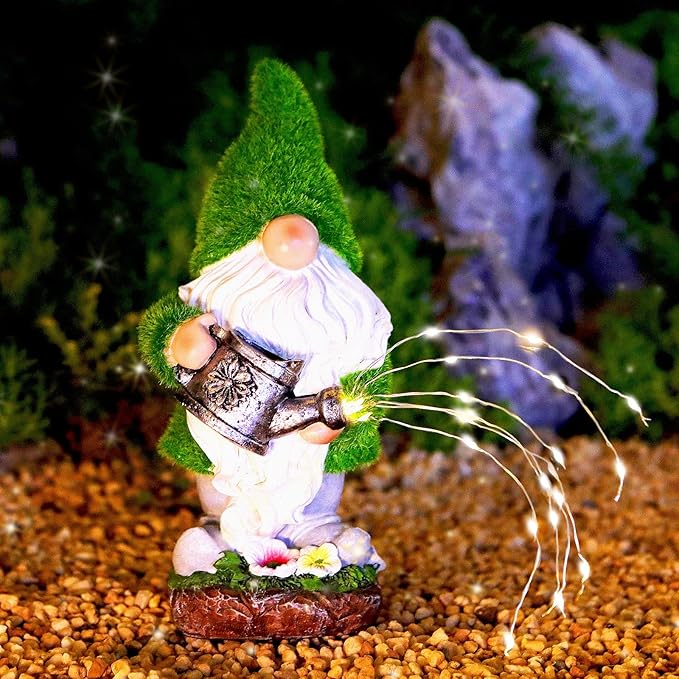 Flocked Solar Garden Gnomes Outdoor Statues-11.8‘’Outdoor Garden Decor-LED Outdoor Decor Light-Unique Housewarming Gifts Yard Art Sculptures for Patio Lawn Ornaments