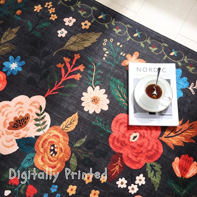 Area Rug 4x6 Rug Washable Boho Rugs Non Slip Low Pile Floral Small Carpet for Bedroom, Bedside, Kids Room, Office, Dining Room(Black)