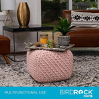 BIRDROCK HOME Square Pouf Ottoman | Cotton Braided Foot Stool with Bean Bag Filling | Boho Foot Rest for Living Room, Bedroom | Compact & Comfortable Seating, Lightweight & Sturdy | Dusty Rose