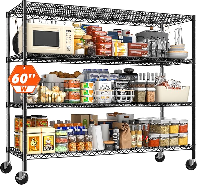 REIBII 60" W ×24" D×65.3" H, 4 Tier Wire Shelving 2878LBS Heavy Duty Steel Storage Rack Shelving Adjustable Shelves for Warehouses, Garages, Kitchens, and Commercial Spaces/Premium Wheels 2 Pack