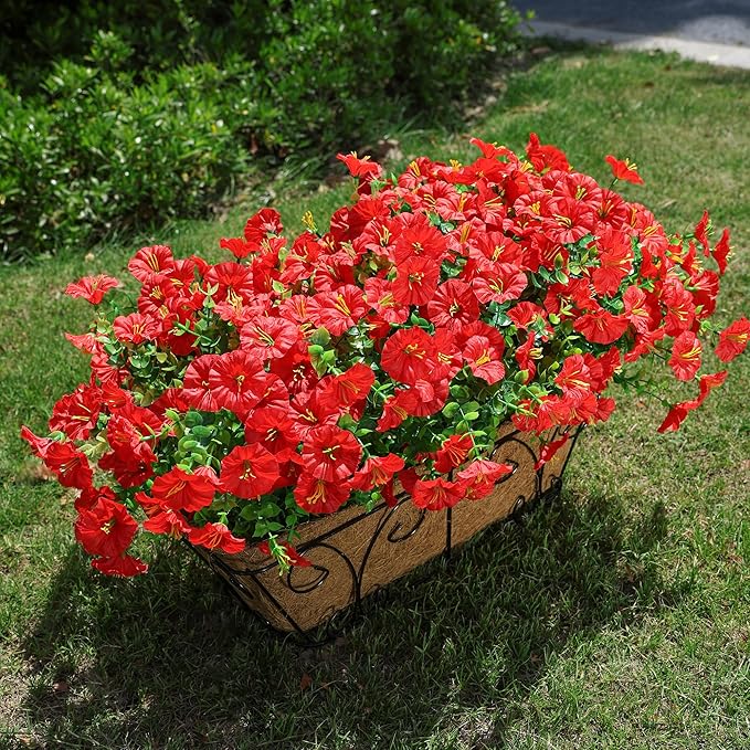 Artificial Flowers for Outdoors Fake Plants Outside Decoration, 12 Bundles Silk Red Morning Glory UV Resistant Look Real Faux Flowers for Planter Front Door Porch Patio Yard Gardens Balcony