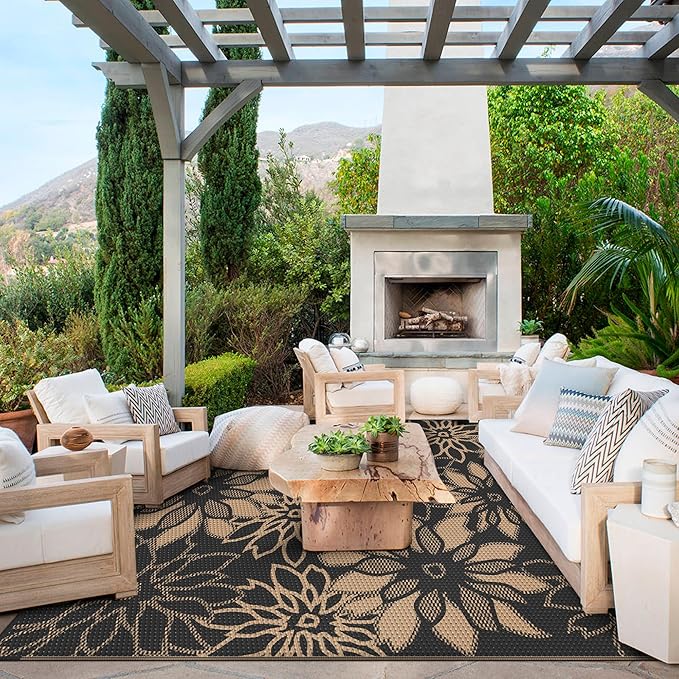 GENIMO Outdoor Rug Waterproof for Patio Decor, 8' x 10' Reversible Plastic Straw Floral Camping Carpet, Large Area Rugs Mats for RV, Camper, Deck, Balcony, Porch, Beach, Picnic, Black & Brown