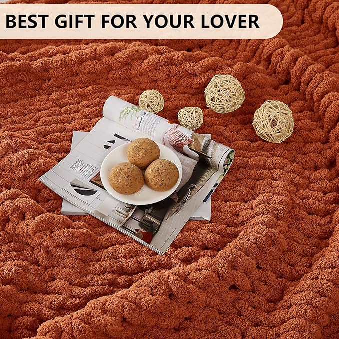 L'AGRATY Chunky Knit Blanket Throw: 80''x90'' Chenille Chunky Knitted Throw Blankets for Bed Couch - Handmade Thick Big Cable Knit Blanket - Large Crochet Rope Blankets for Home Decor(Rusty Orange)