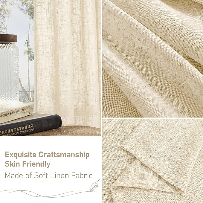 LAMIT Beige 72 inch Linen Curtains 2 Panels Set for Living Room, Soft Thick Linen Semi Sheer Light Reducing Bronze Grommet Window Treatments Neutral Drapes for Bedroom, 52 x 72 Inch