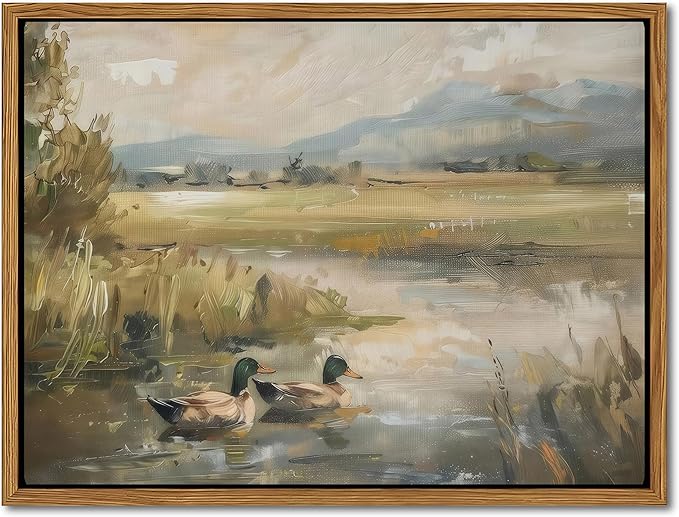 Floating Framed Canvas Wall Art, Vintage Mallard Duck Oil Paintings Print, Countryside Art Wildlife Nature Pond Wall Decor for Living Room, Bedroom, Office, Rustic Decor 12x16 inch