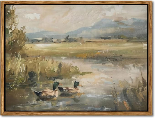 Floating Framed Canvas Wall Art, Vintage Mallard Duck Oil Paintings Print, Countryside Art Wildlife Nature Pond Wall Decor for Living Room, Bedroom, Office, Rustic Decor 12x16 inch