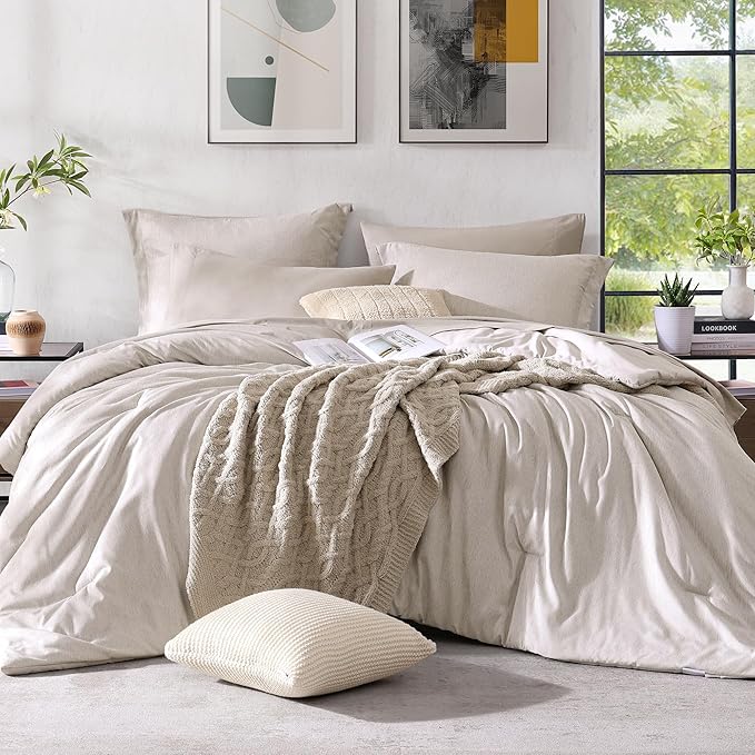 Monbix California King Comforter Set - 7 Pieces Cationic Dyeing Oatmeal Bed in a Bag Cal King Bed Sets with Comforter, Sheets, Pillowcases & Shams, Reversible Bedding Comforters Sets (108 * 92)