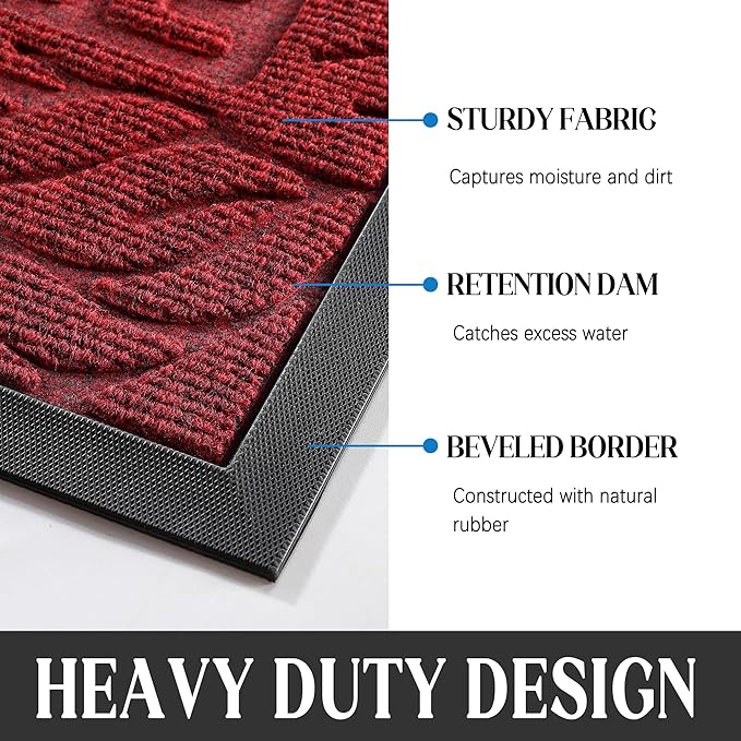 Yimobra Welcome Mat Outdoor Indoor, 29.5x17 Waterproof Door Mat Outside Entrance, All-Weather Non Slip Doormat, Low-Profile Front Door Mat, Porch and Patio Entryway Mat, Wine Red