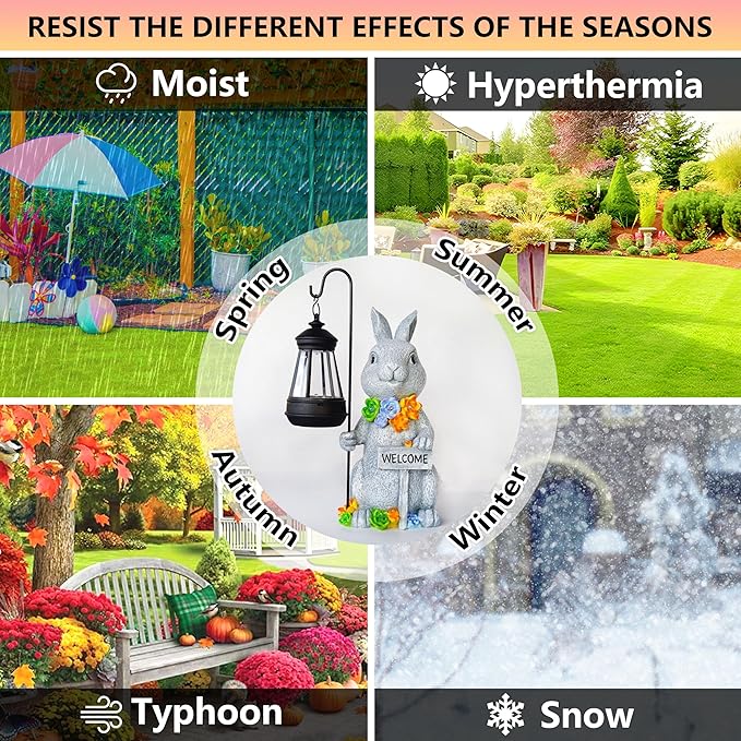 Solar Rabbit Garden Statues Outdoor Décor with Lantern- Rabbit Figurines Solar LED Light Lawn Ornaments - Yard Decorations for Patio, Balcony, Backyard -Unique House Warming Gifts for Mom
