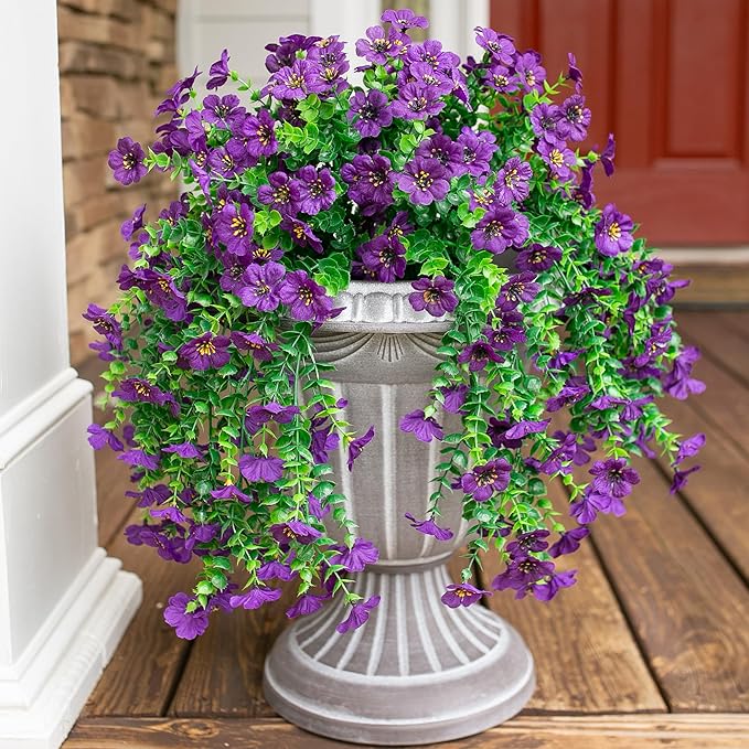 Artificial Faux Hanging Flowers Plants for Spring Outdoor Outside Decoration, 2 PCS Fake Silk Daisy with Eucalyptus UV Resistant Realistic Trailing Vines for Balcony Patio Porch (Dark Purple)
