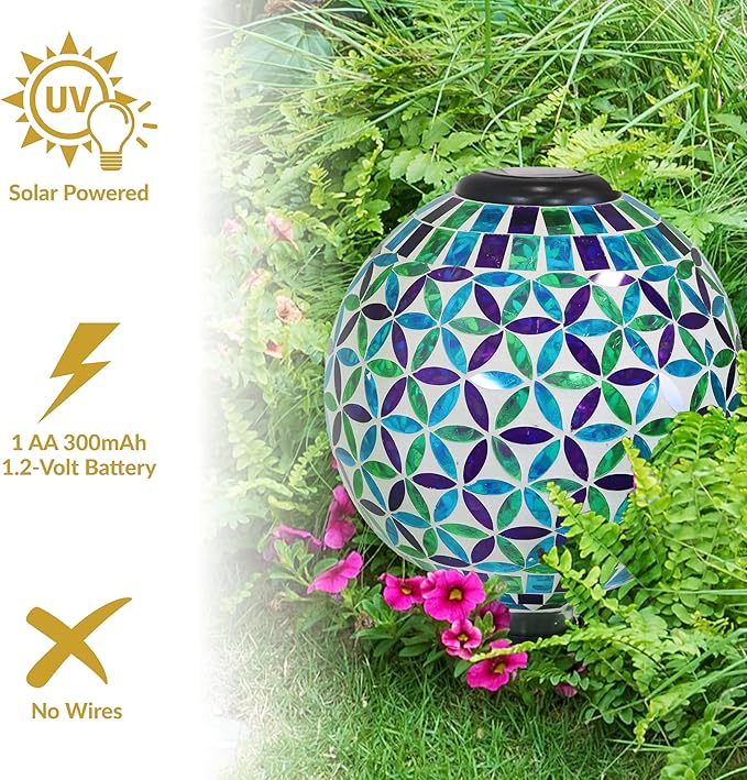 Sunnydaze Cool Blooms 10" Mosaic Glass Garden Gazing Globe with LED Solar Light - Set of 2