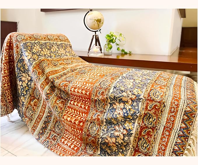 Handmade Cotton Floral Throw Blanket | Indian Block Print with Tassels | Boho Fringed Sofa & Bed Cover | 48x70 Inches Lightweight Decorative Throw for Couch, Living Room & Bedroom