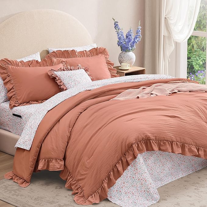 Queen Comforter Set - 7 Pieces Ruffle Autumn Leaf Bedding Sets, Shabby Chic Farmhouse Bed in a Bag Queen with Ruffle Comforter, Floral Sheets, Pillowcases & Shams