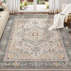 Washable Area Rugs for Living Room - 8x10 Neutral Vintage Distressed Floral Farmhouse Boho Large Soft Floor Rug Indoor Non Slip Carpet for Bedroom Dining Room Office -Forest Green Orange