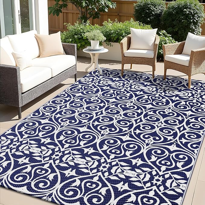 OLANLY Outdoor Rug Waterproof 5x8 ft Clearance, Reversible Outdoor Plastic Straw Rug with Floral Pattern, RV Mat for Patio, Camping, Balcony, Deck, Backyard, Navy & White