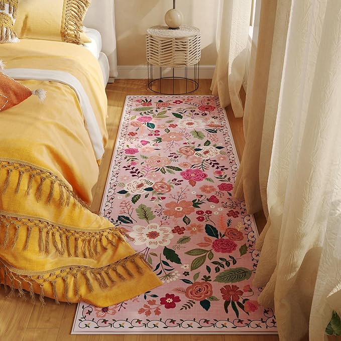 Runner Rug for Hallways Kitchen Rug Non Slip 2'6''x8' Washable Runner Rugs with Rubber Backing Soft Floral Carpet Runner for Hallways, Kitchen, Laundry, Bedroom, Bathroom(Pink)