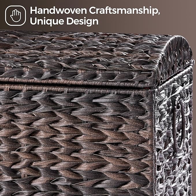 Handwoven Storage Basket with Lid, 178L Plastic Rattan Storage Bin, Leather Buckle & Metal Frame, Large Metal Ring Handles, Storage Trunk for Bedroom, Laundry Room