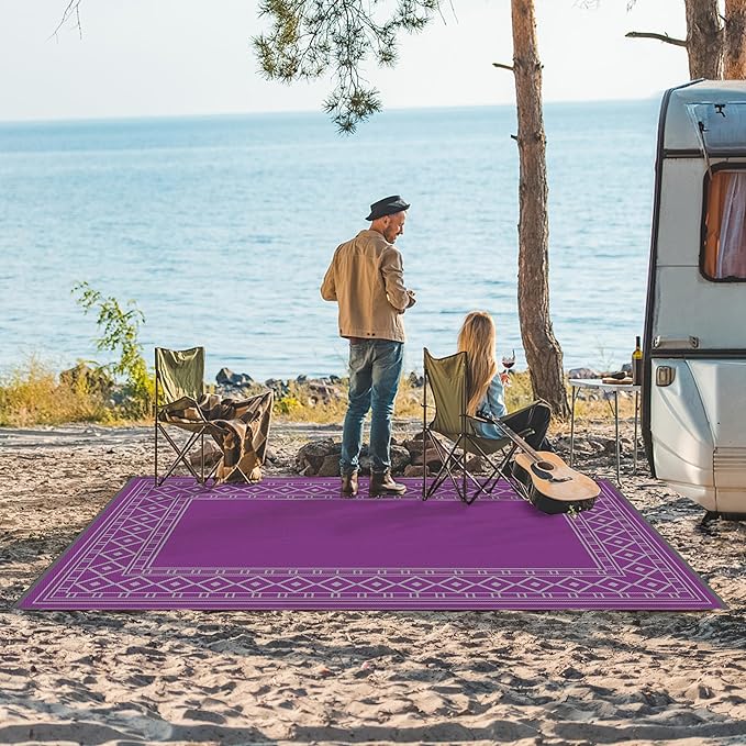GENIMO Outdoor Rug Waterproof 6'x9' for Patio, Foldable Reversible Plastic Straw Carpet for Travel Trailers, Outside Area Mat for Rv, Deck, Picnic, Porch, Camper, Balcony, Beach, Purple & Grey