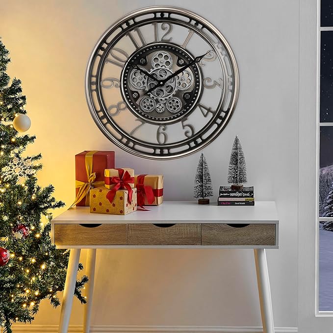 CLXEAST 21 Inch Large Moving Gear Wall Clock,Industrial Steampunk Decor,Decorative Wall Clock for Modern Farmhouse Living Room Decor,Gunmetal Silver Finish